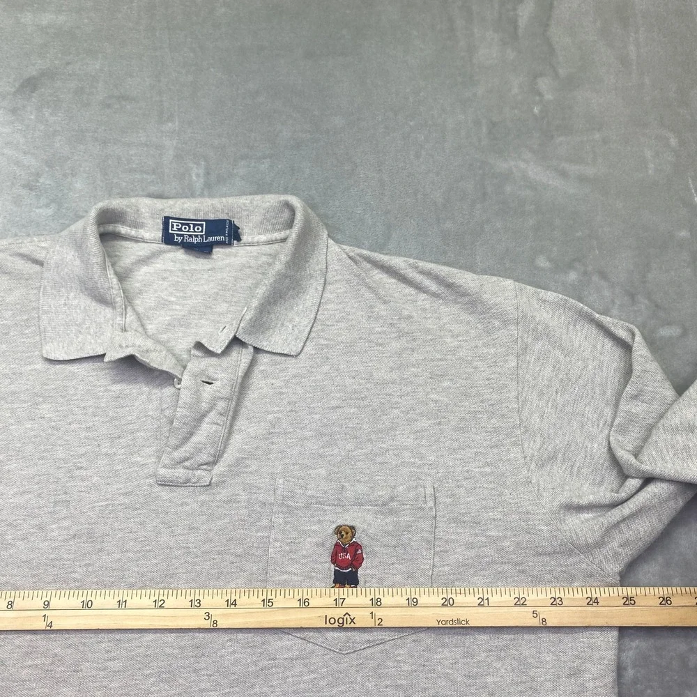 Polo Ralph Lauren Mens XL Heather Grey Long Sleeve Polo‎ Shirt Embroidered Bear